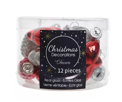 Christbaumanhänger-Set Zapfen, Sterne, Blüten, Herzen aus Glas, rot, silber, elfenbein, 12 Stück