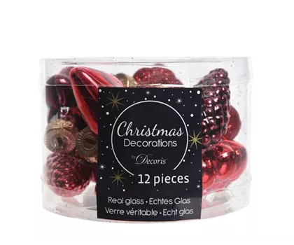 Christbaumanhänger-Set Zapfen, Sterne, Blüten, Herzen aus Glas, rot, 12 Stück