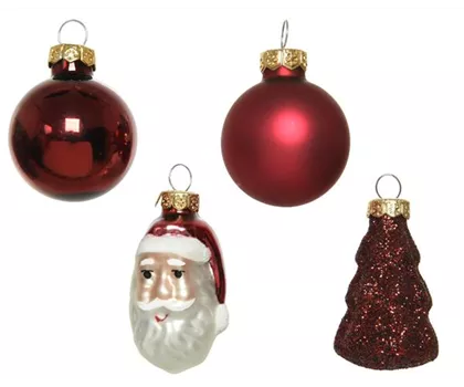 Christbaumanhänger-Set Weihnachtsmann, Tannenbaum, Kugeln aus Glas, dunkelrot, 9 Stück