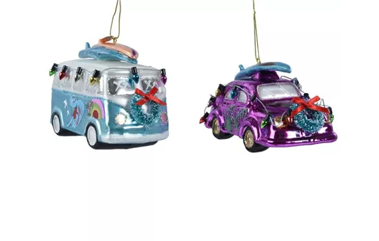 Weihnachtskugel 'Bulli und Käfer' mit Surfbrett' Weihnachtskugel 'Bulli und Käfer' mit Surfbrett'