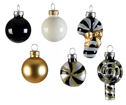Christbaumanhänger-Set aus Glas, schwarz, weiß, silber und gold, 9 Stück