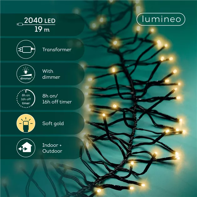 Lumineo LED-Cluster-Lichterkette XXL In- & Outdoor 17 m – 2.040 Soft-Gold- LEDs