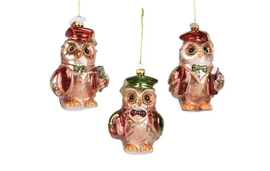 Weihnachtskugel Eule aus Glas – mit Brille oder mit Buch, 13 cm