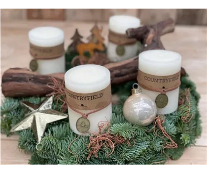 Adventskranz Winterwald mit cremeweißen Kerzen, Wurzelholz und Naturdeko, Ø 40 cm